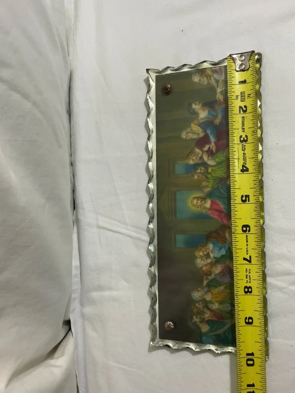 Vintage Last Supper Reverse Painted Glass Wall Plaque Scalloped Beveled Glass 10